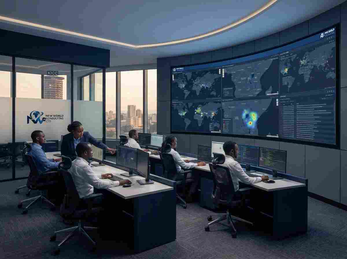 Control room team reviewing a global threat map across wall displays