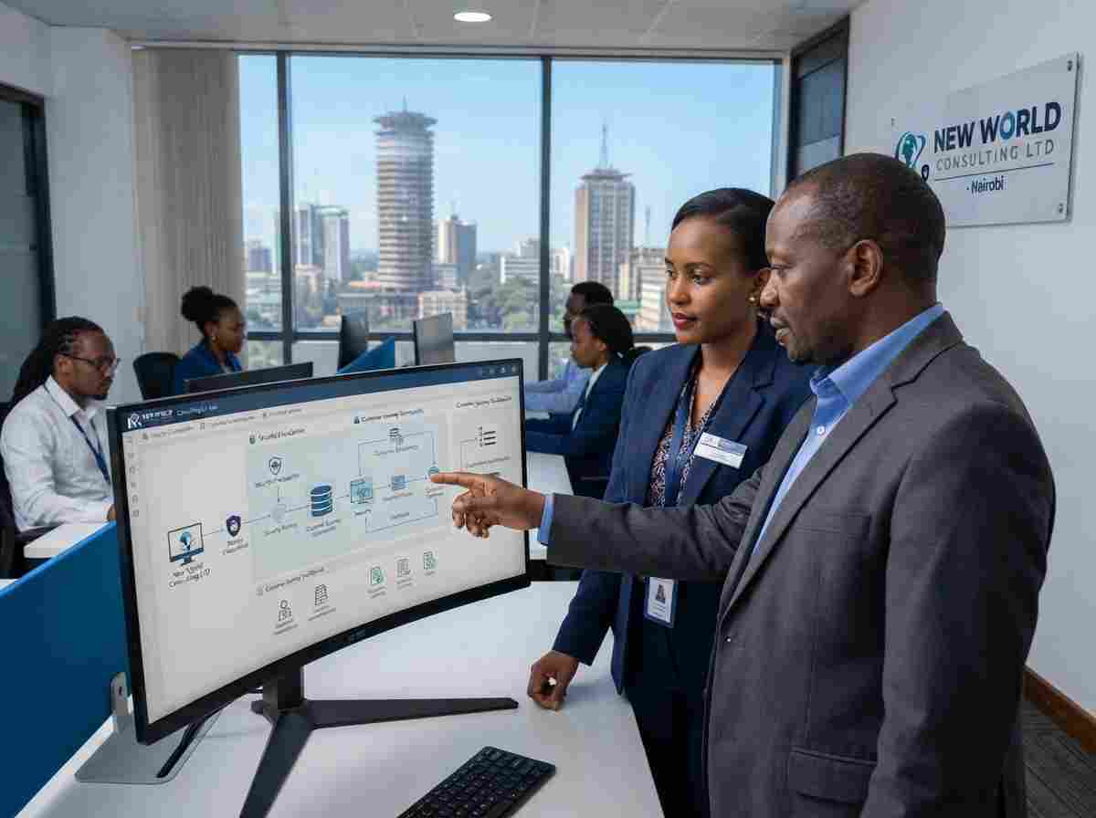Security analyst reviewing an enterprise security framework on a monitor in the Nairobi office